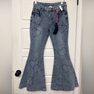 VBRT Jeans Flare Leg Heart Patch Denim Bell Bottom Hippie Women’s 9 W28 NEW